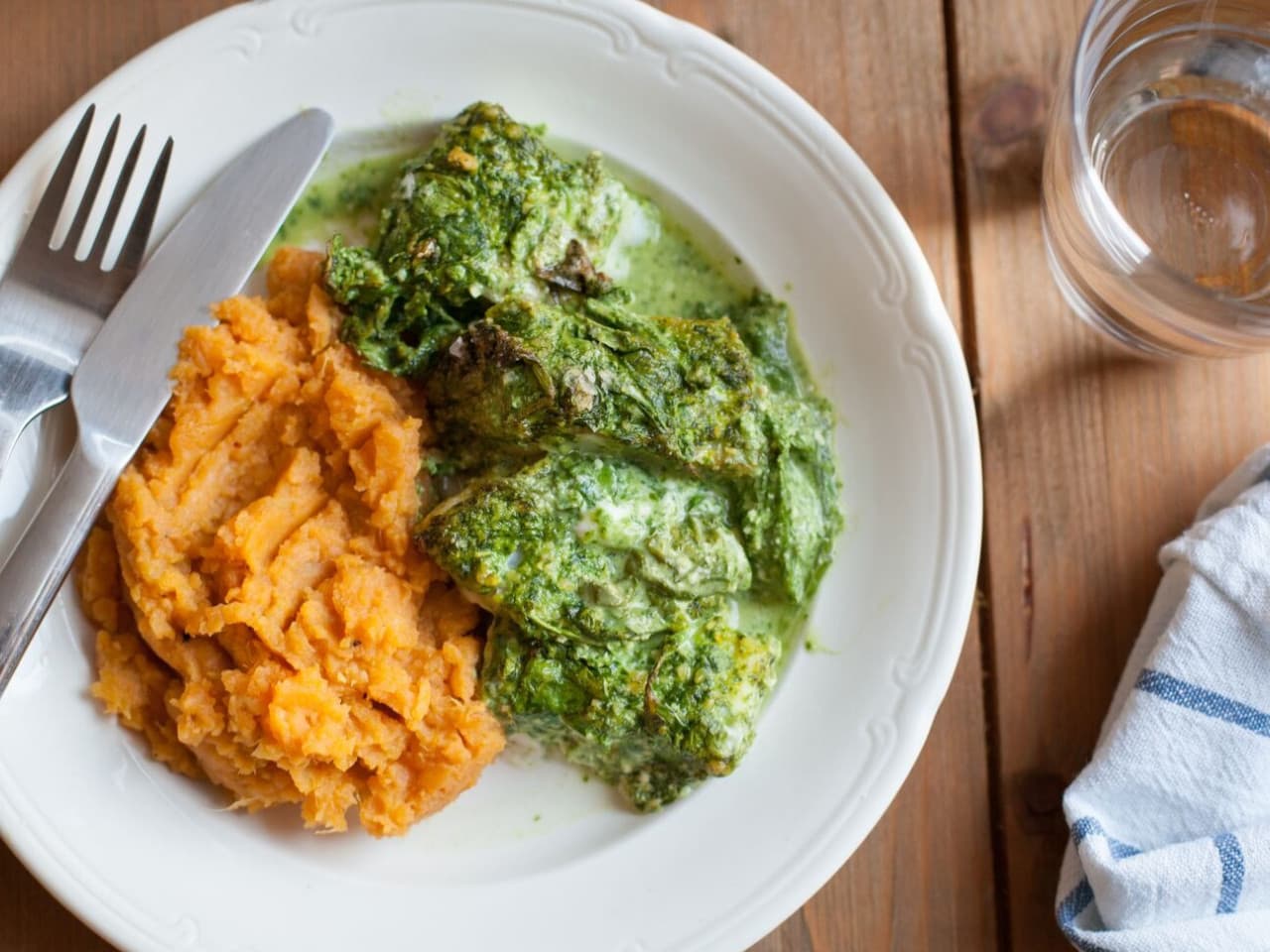 Spinach fish dish with sweet potato mash