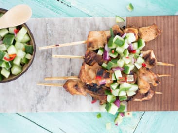 Chicken skewers with cucumber salsa