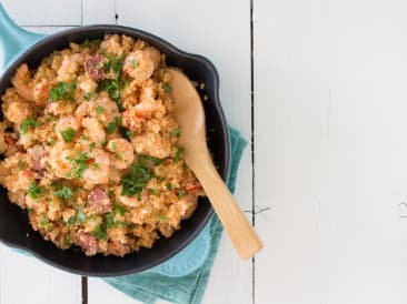 Paella with chorizo and shrimps