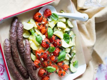 Baking tray meal with Chipolata