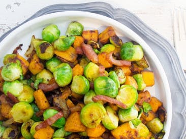 Sprouts with sweet potato and bacon