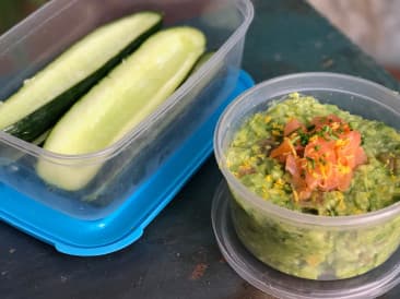 Cucumber boats with avocado spread & salmon