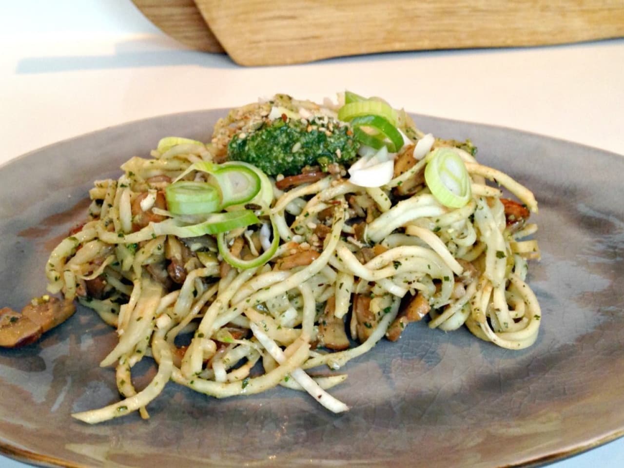 Vega celeriac spaghetti with pesto
