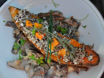 Roasted sweet potato with mushroom sauce