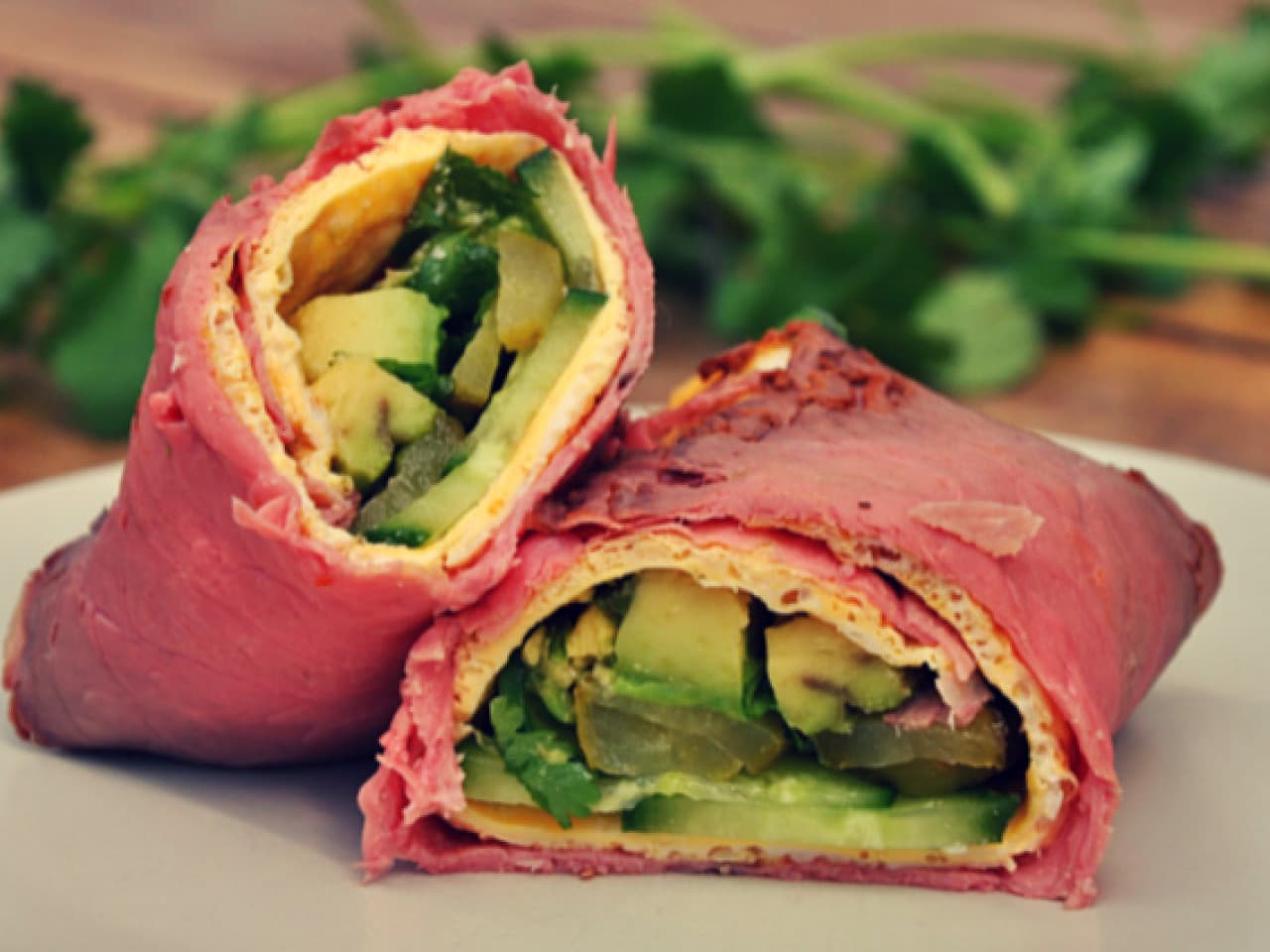 Paleo wrap with roast beef and avocado