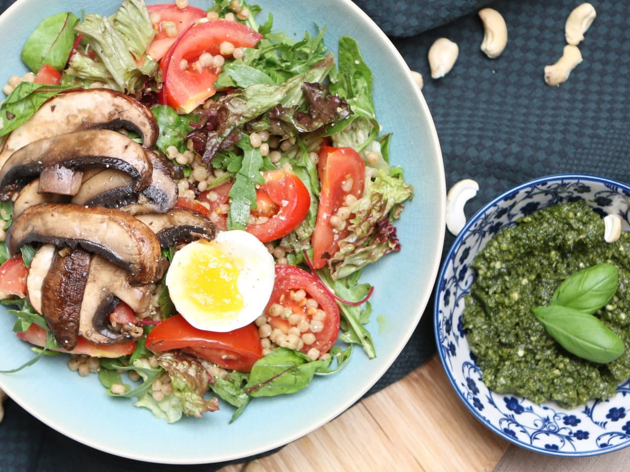 Pearl couscous with portobello and green pesto