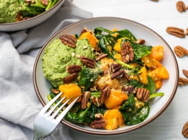 Orzo with pumpkin, spinach and avocado pesto