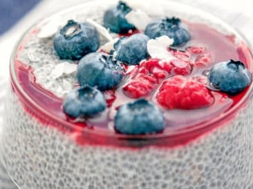 Vegan chia pudding with raspberry jam