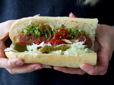 Vegan hot dog sandwich with sauerkraut and mayonnaise