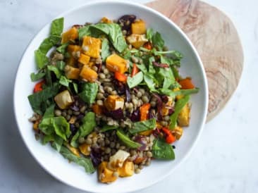 Ensalada de lentejas y calabaza asada