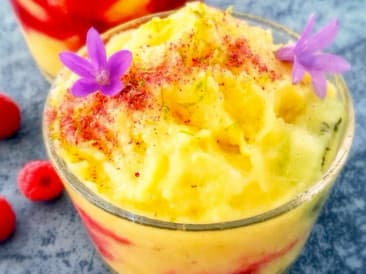 Mangosorbet met Ananas en Frambozencoulis