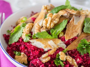 Beet couscous with smoked mackerel