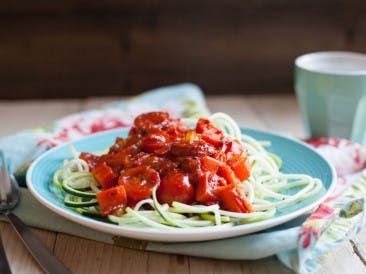 Zoodles with chorizo and tomato