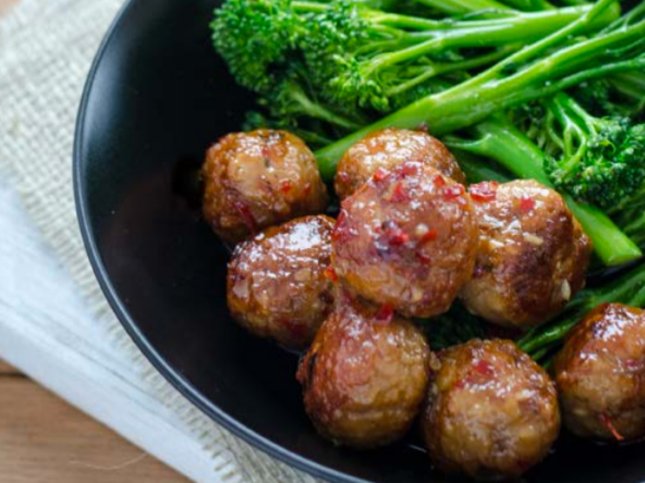 Sweet and sour chicken turkey meatballs with broccolini