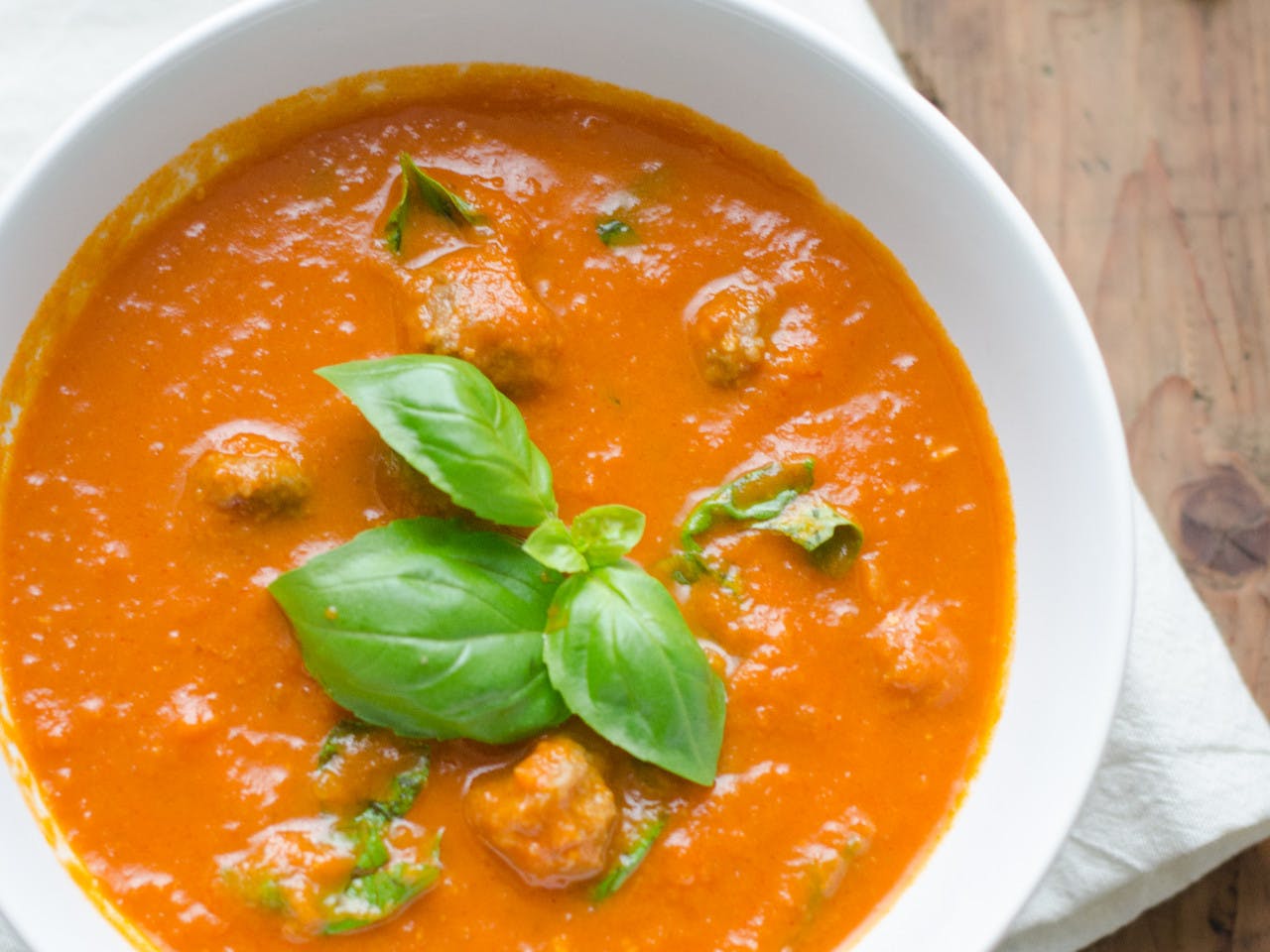 Tomato and basil soup with beef meatballs