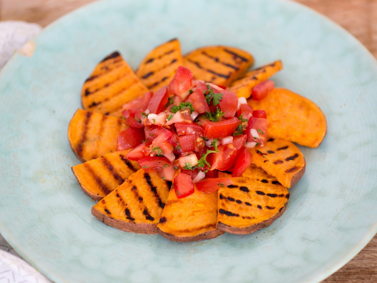 Grilled sweet potato with tomato salsa