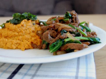 Asian beef strips with carrot puree