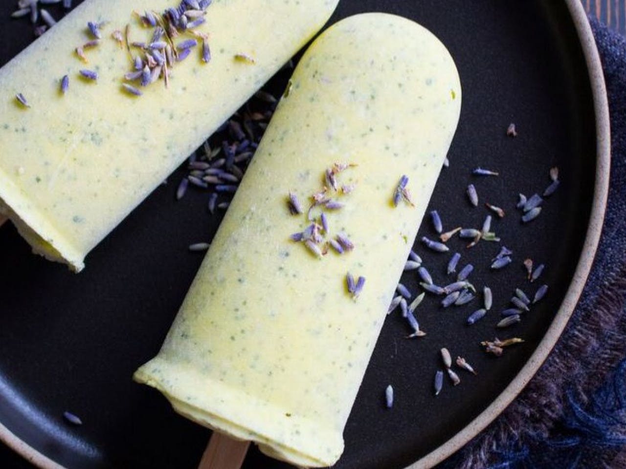 Mango ice cream with lavender and mint
