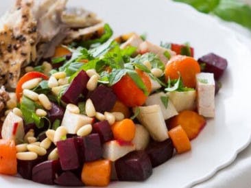 Roasted root vegetables with mackerel