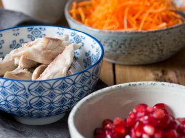 Mackerel with carrot and pomegranate seeds