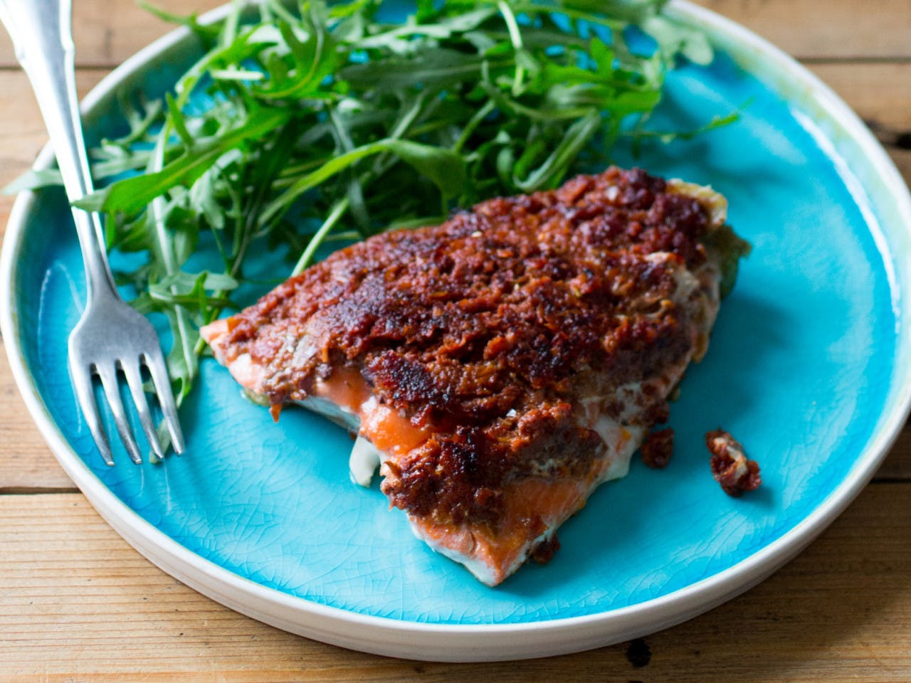 Wild salmon with red tapenade