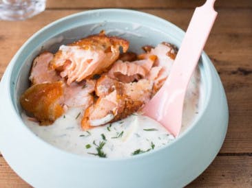 Bento with salmon and yogurt sauce