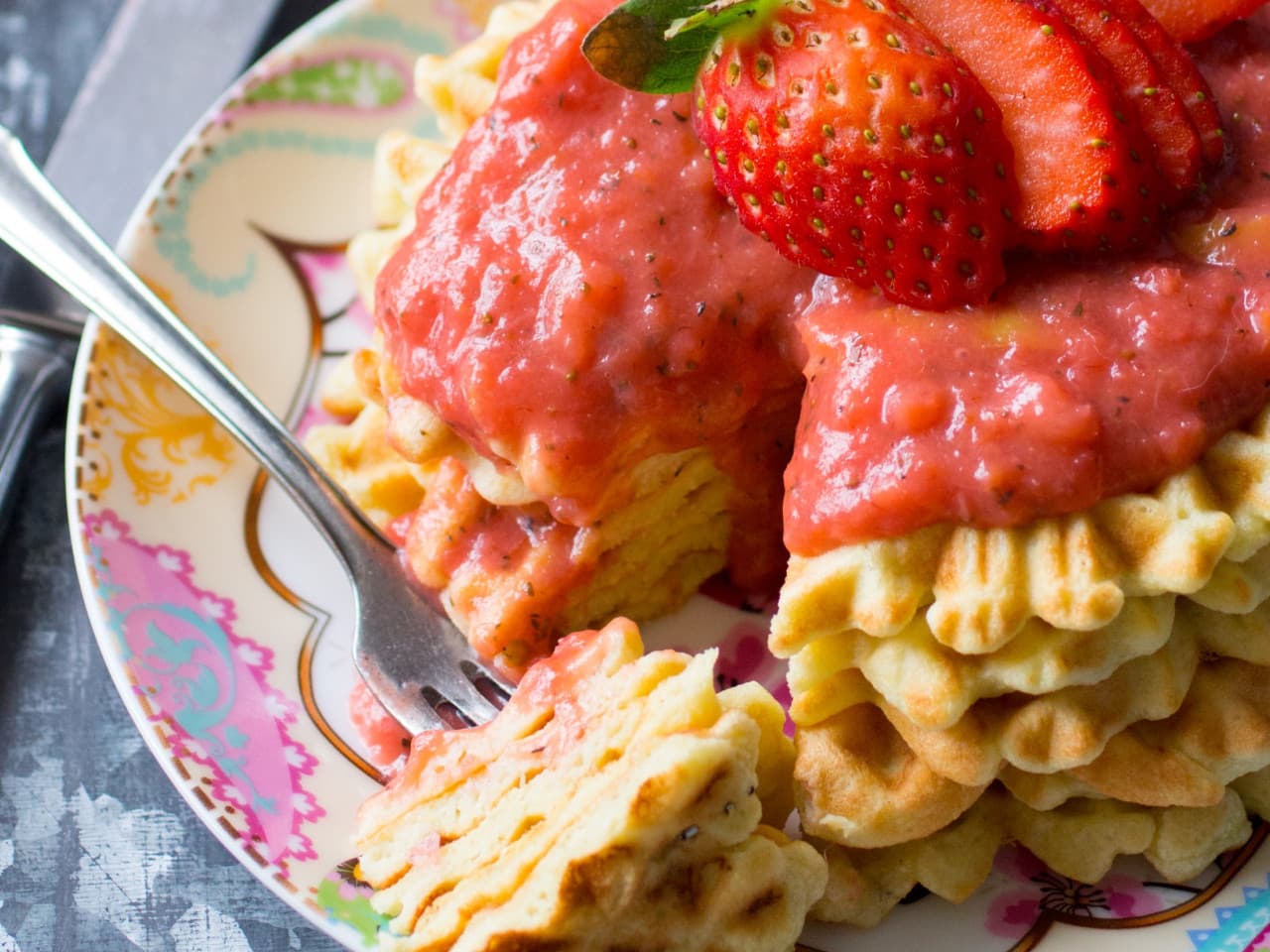 Paleo waffles with strawberry-lemon compote