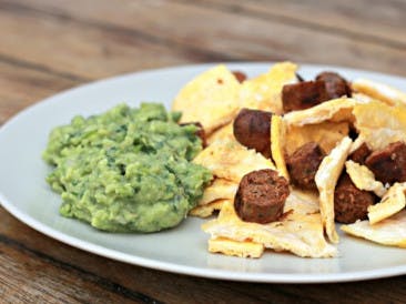 Omelette strips with sausage and guacamole