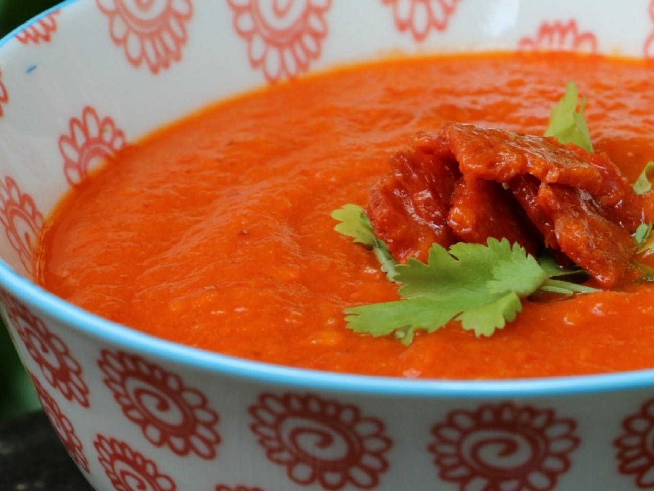 Roasted pepper soup with chorizo