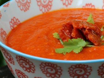Roasted pepper soup with chorizo