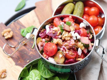 Creamy Lentil beet salad with soft goat cheese