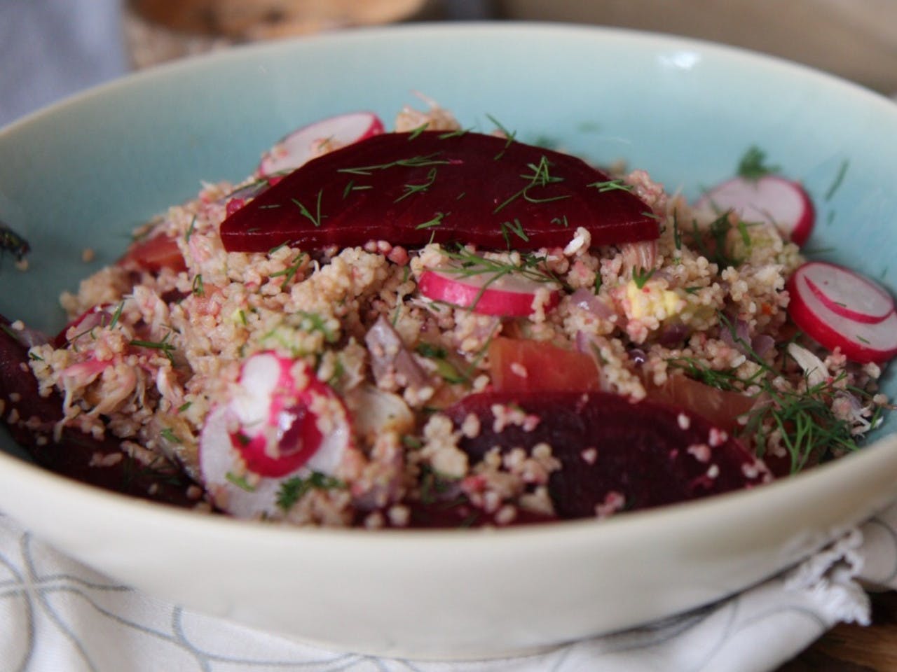Couscous 3.0; with beetroot and mackerel