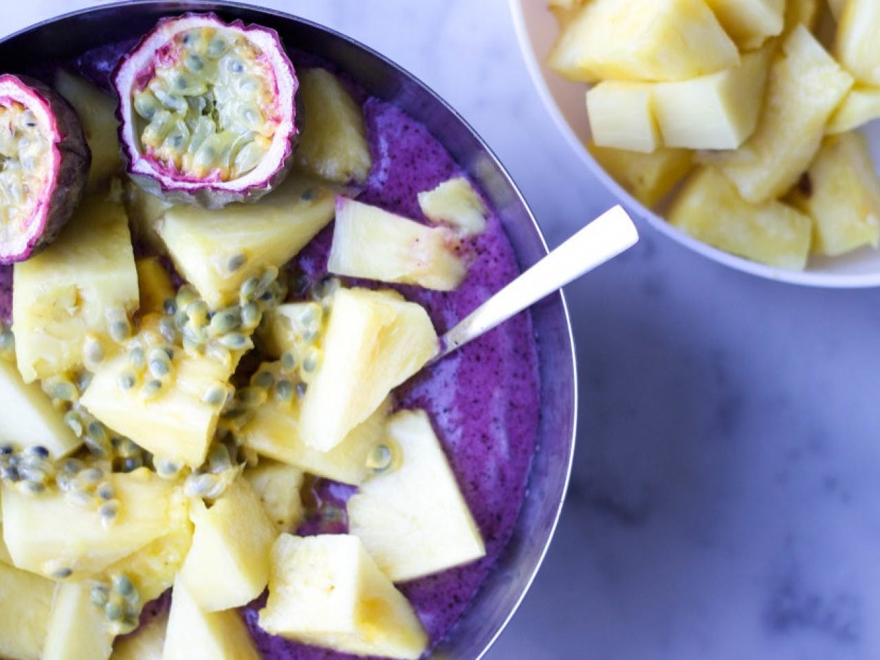 Acai bowl with pineapple and passion fruit