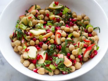Vegan chickpea salad with mint and pomegranate