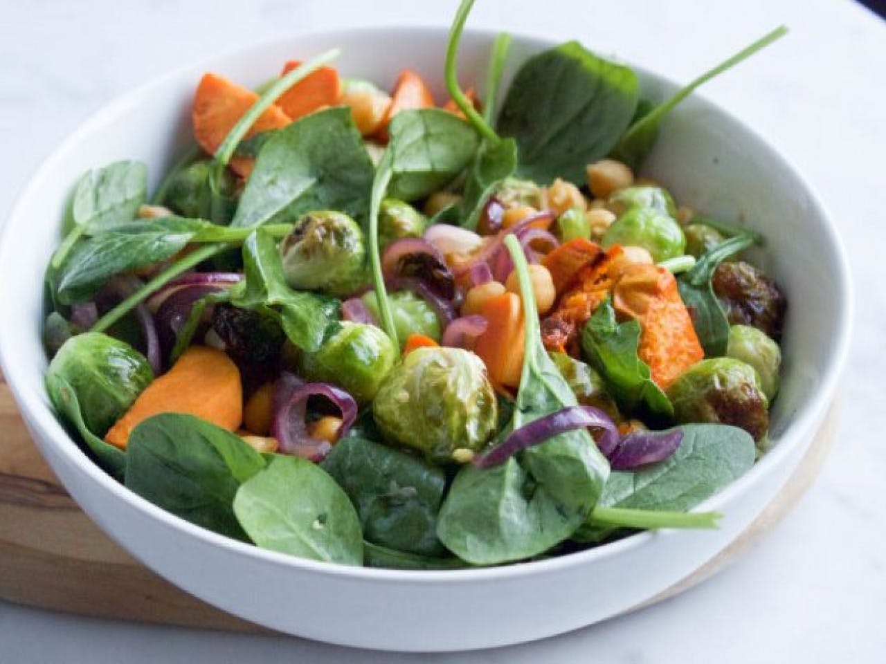 Roasted Brussels sprouts with sweet potato and chickpeas