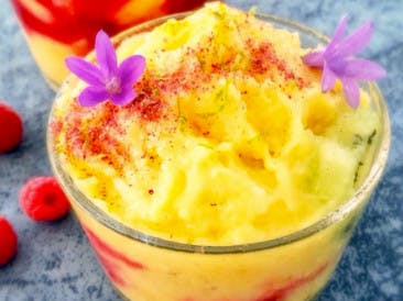 Mango Sorbet with Pineapple and Raspberry Coulis