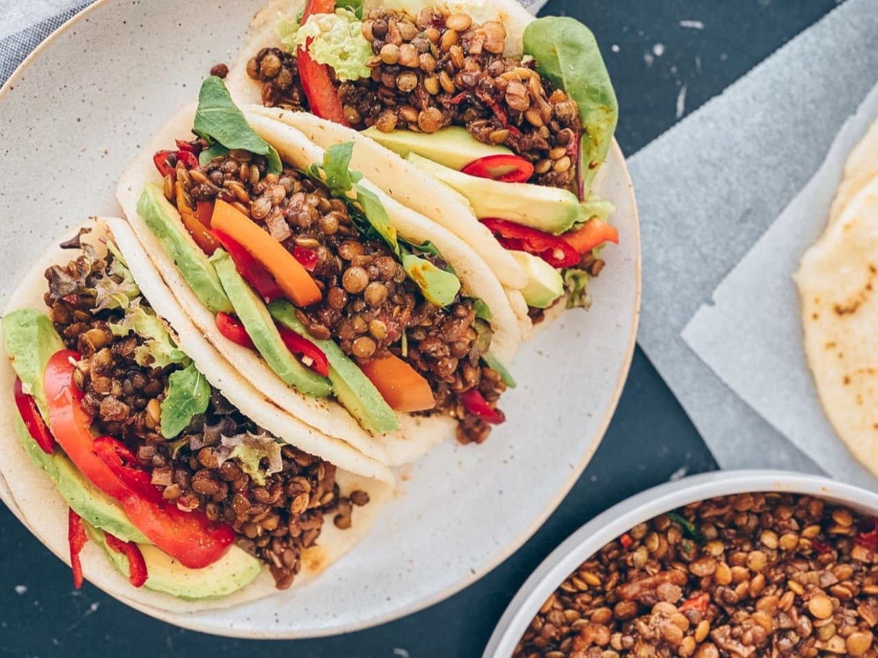 Vegan Spicy Lentil Tacos with Avocado and Gluten Free Tortillas