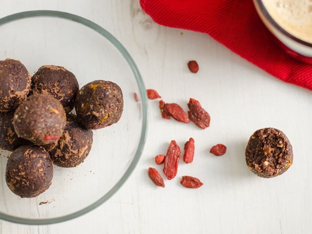 Chocolate truffles with goij berries and orange